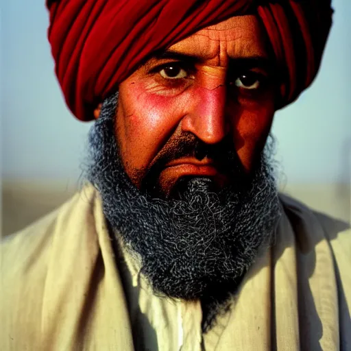 Image similar to portrait of president millard fillmore as afghan man, green eyes and red turban looking intently, photograph by steve mccurry