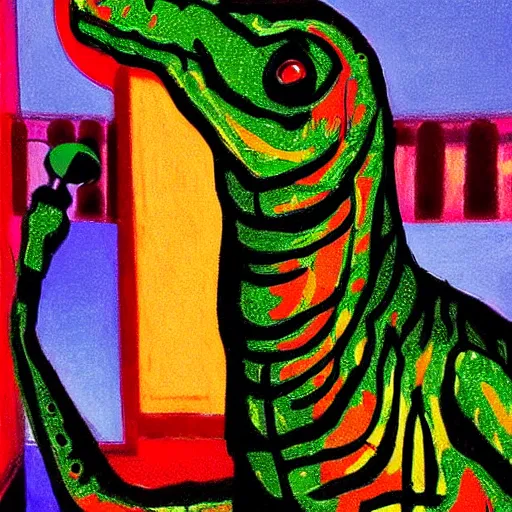 Prompt: “dinosaur singing karaoke detailed trex happy podcast national geographic figure dramatic lighting proportional symmetrical minimalism Edward Hooper Matisse digital art oil painting”