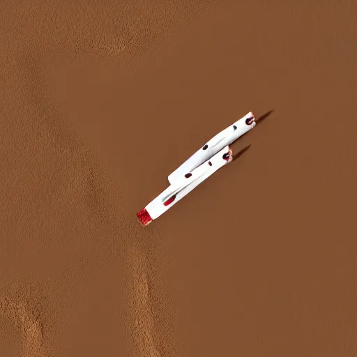 Prompt: two sleek white very long intricate spacecraft with minor red details, flying in formation, highly detailed, photorealistic, cinematic, sci-fi, octane render, bird\'s eye view, background sand dunes and craters on the surface of mars