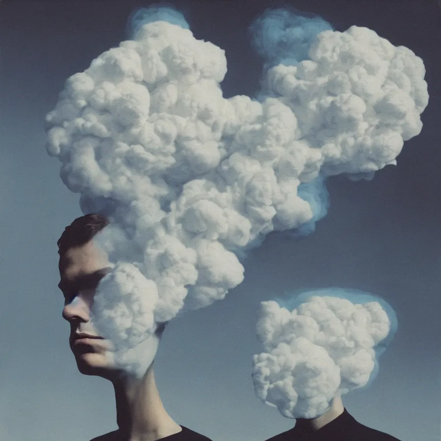 Prompt: surrealist artwork of the atmospheric indie album about your head feeling like a puffy cloud of smoke.