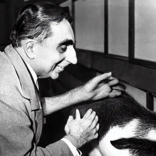 Prompt: edward teller petting a pig in an office at the manhattan project 1 9 4 4 high - quality archive photo