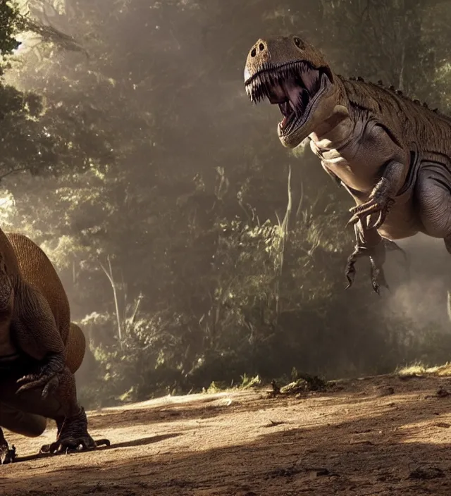 Prompt: a t - rex in star wars, movie still frame, hd, remastered, cinematic lighting