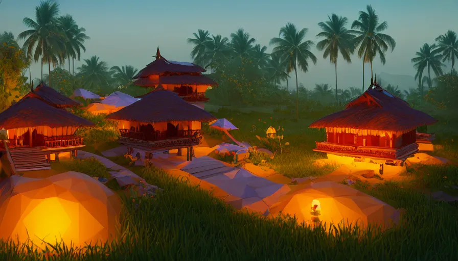 Prompt: a low poly isometric render of moonlit kerala village in the style of horizon forbidden west, with kerala motifs, intricate, elegant, smooth shading, soft lighting, illustration, simple, solid shapes, concept art, by magali villeneuve, jeremy lipkin and michael garmash, rob rey and kentaro miura style, octane render