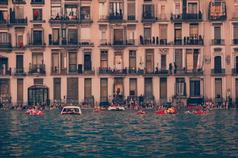 Image similar to views of people on boats on a catastrophic barcelona, buildings covered with high water, floating cars, sunset lighting, photo real