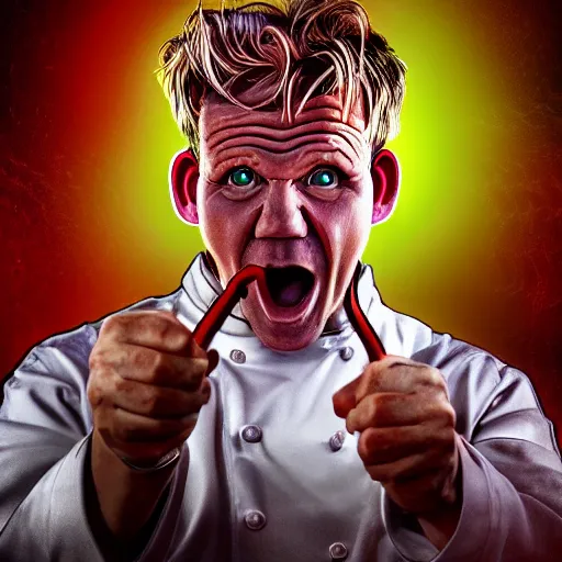 Prompt: photorealistic gordon ramsay with devil horns in the style of michael whelan. hyperdetailed photorealism, 1 0 8 megapixels, amazing depth, high resolution, 3 d shading, 3 d finalrender, 3 d cinematic lighting, glowing rich colors, psychedelic overtones, artstation concept art.