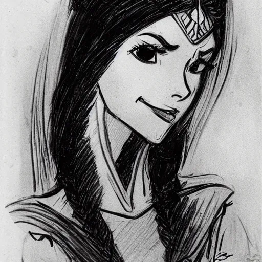 Image similar to milt kahl sketch of victoria justice with done up hair, tendrils covering face and ponytail as princess padme from star wars episode 3