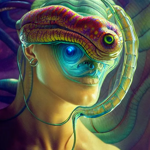 Prompt: intricate colorful transparent portrait of a disturbing beautiful alien snake creature, mottling coloring, adorable, childlike, whimsical, robotic, ultra realistic, concept art, art nouveau, photorealistic, octane render, 8 k, unreal engine. art by christopher marley and artgerm and greg rutkowski and alphonse mucha, and rene magritte