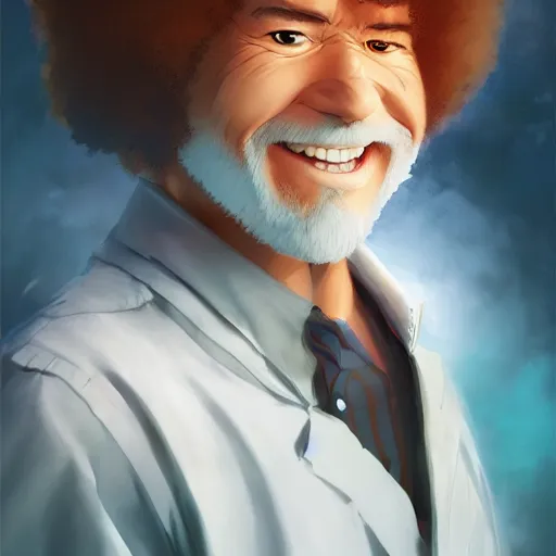 Image similar to An anime portrait of Bob Ross, by Stanley Artgerm Lau, WLOP, Rossdraws, James Jean, Andrei Riabovitchev, Marc Simonetti, and Sakimichan, tranding on artstation, SFW version