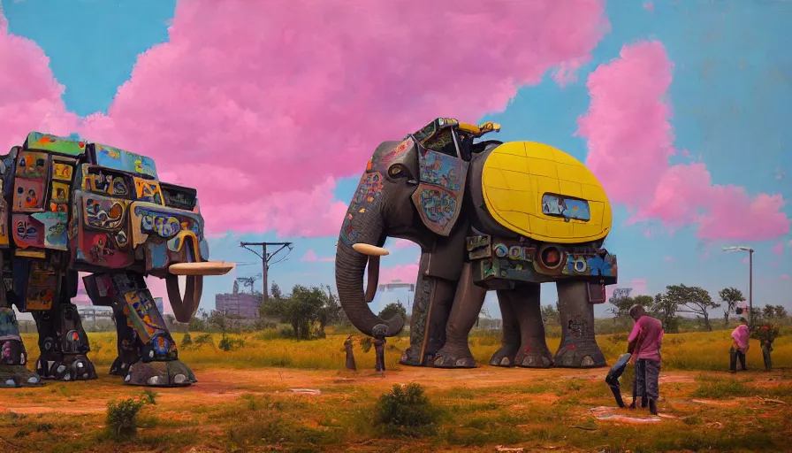 Prompt: an intricate oil painting of a giant south african armored elephant shaped scrap metal mecha by simon stalenhag, pink, yellow and cyan paint decals