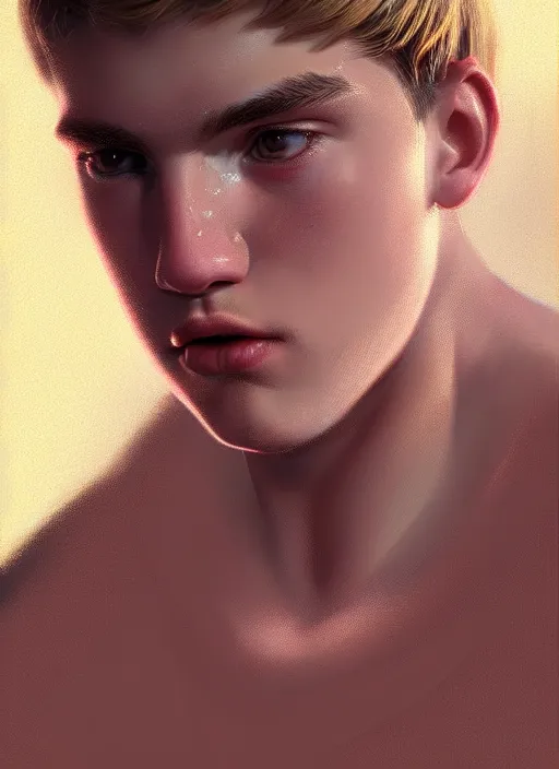 Image similar to portrait of a teenage boy named moose mason, blonde short hair, jock, beefy, square jaw, square facial structure, 1 9 5 0 s, intricate, elegant, glowing lights, highly detailed, digital painting, artstation, concept art, smooth, sharp focus, illustration, art by wlop, mars ravelo and greg rutkowski
