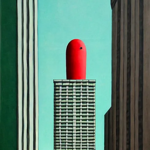 Image similar to a real concrete building with anthropomorphic qualities. one building that reminds me of a green lizart with a red mouth. clearly a building. a painting of sceptile by yves tanguy ricardo bofill