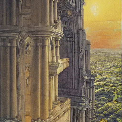 Prompt: a fijian queen looks down on her city from the palace balcony, fantasy art by alan lee