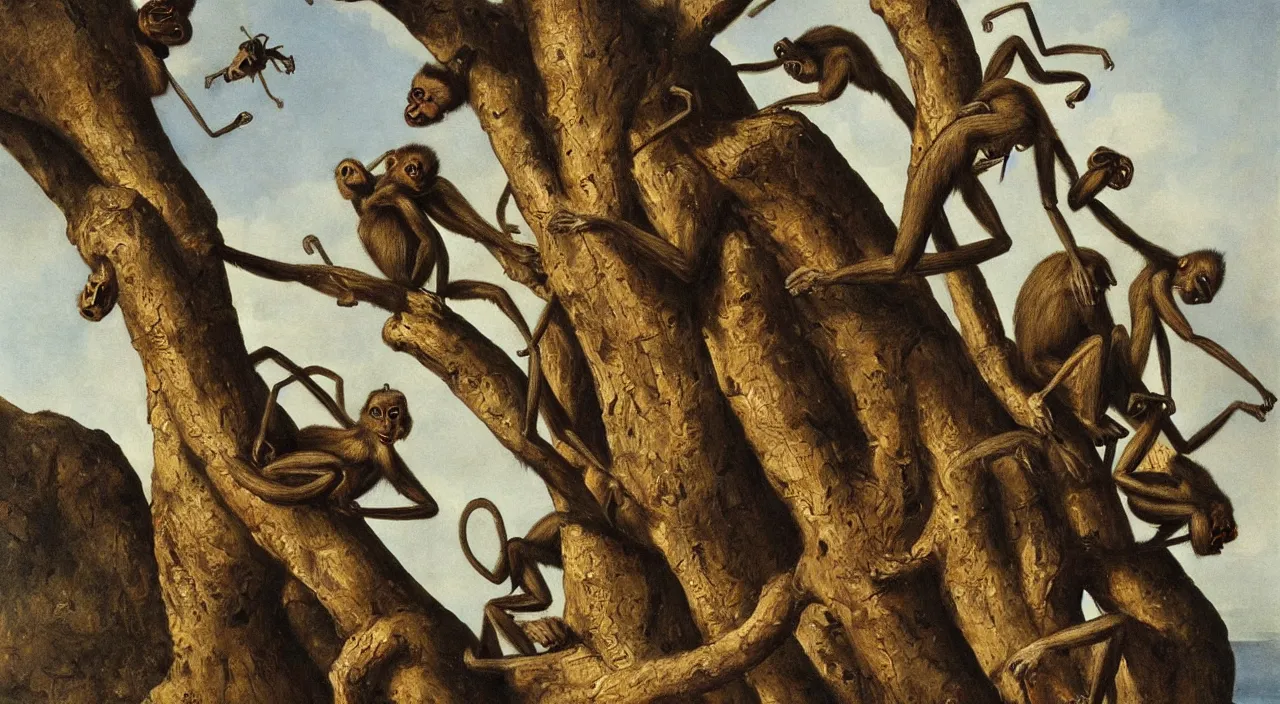 Prompt: a giant ant of monkeys, by most renowned artist of the romanticism, hiperrealism,