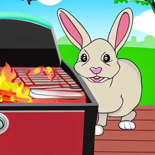 Prompt: cartoon of a pet rabbit sweating scared by the bbq grill