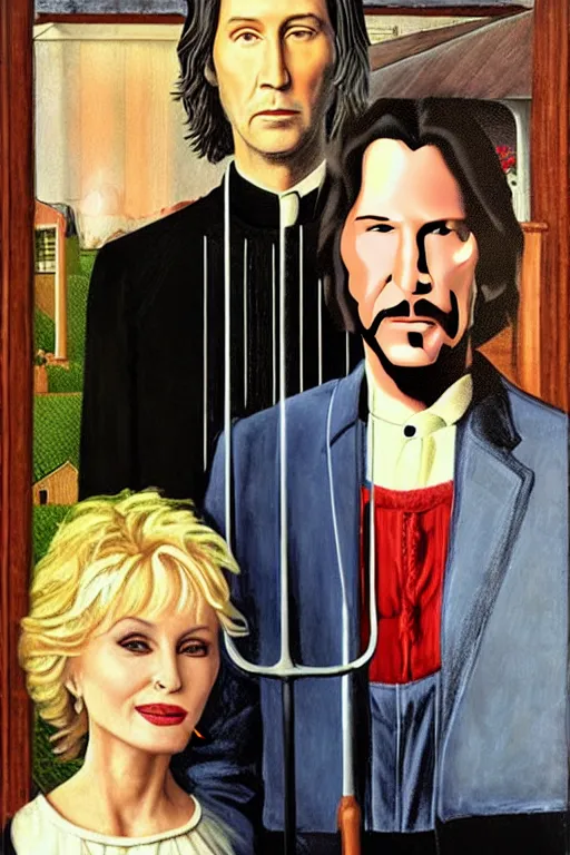 Image similar to painting of Keanu Reeves and Dolly Parton as the couple in American Gothic in the style of Grant Wood