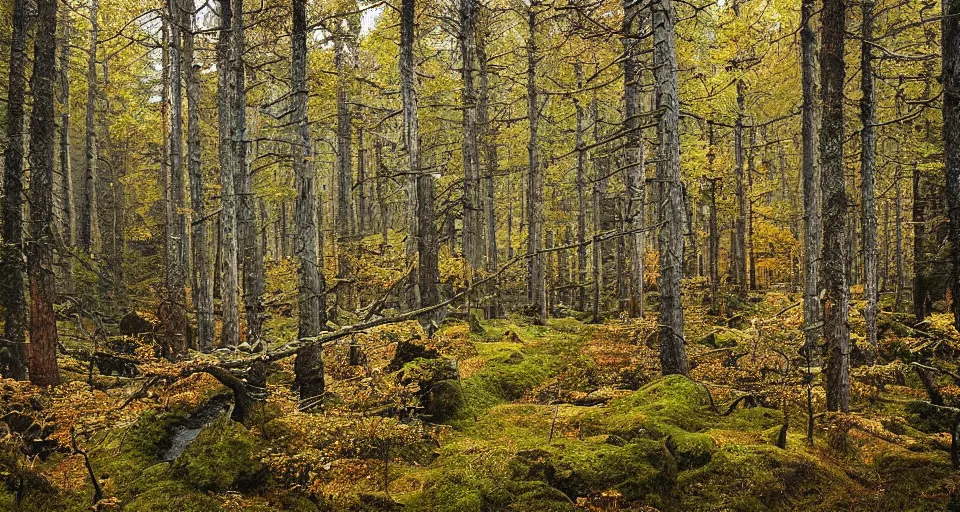 Image similar to sweden and magic forest, by André François
