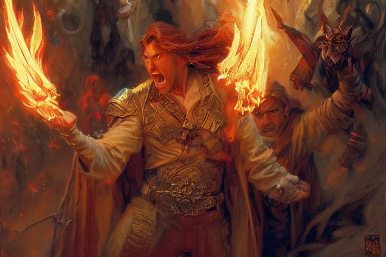 Image similar to attractive male wizard casting powerful fire spell. highly detailed painting by gaston bussiere, craig mullins, j. c. leyendecker 8 k