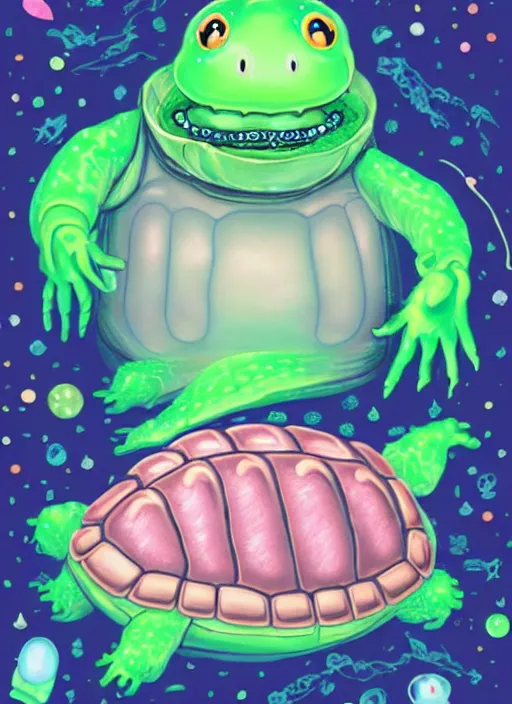 Prompt: plasticy kawaii cinematic portrait of a silly bashful squishy scifi saliva witch that looks like mitch mcconnell as a turtle, painfully adorable, soft bioluminescent membranes, gushy gills and baleen, translucent skin shows cute skeletal details in front of inky black background, friendly, occult, gelatinous with wittle tiny teeth, artgerm