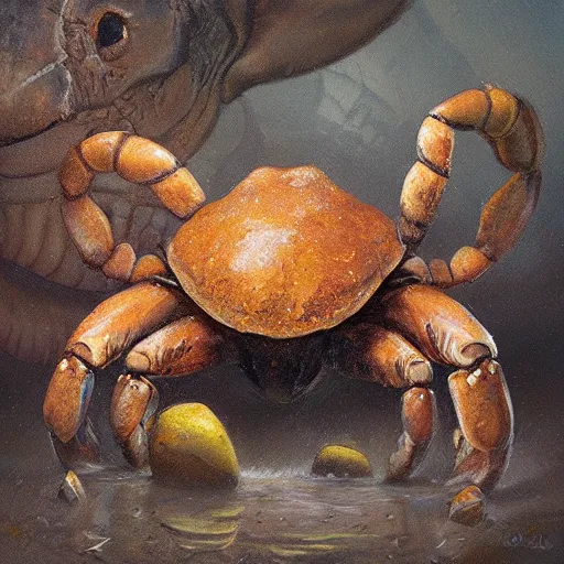 Image similar to elephant - crab creature, oil painting by justin gerard