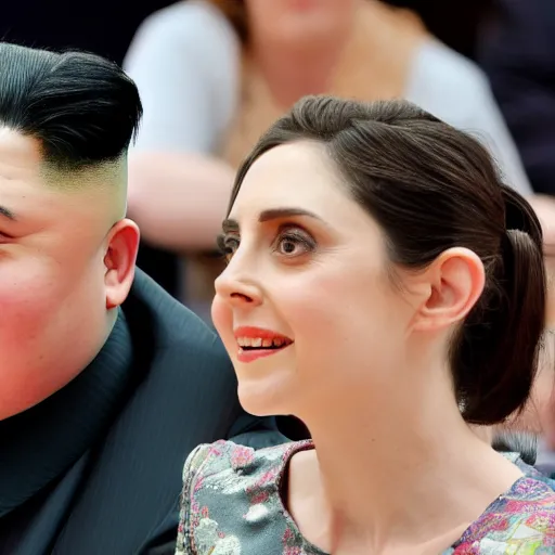 Prompt: close up shot of alison brie engaging peace talks with kim jong un at the slough corn exchange. photography, photographic