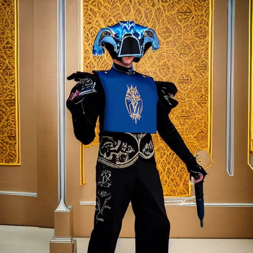 Image similar to low angle upper view of adult Austin Butler dressed in futuristic-baroque prussian blue duelist-garb with Griffin-Ram embroidery emblem, and nanocarbon-vest and greaves, standing in an arena in Dune 2020, XF IQ4, f/1.4, ISO 200, 1/160s, 8K, RAW, unedited, symmetrical balance, face in-frame