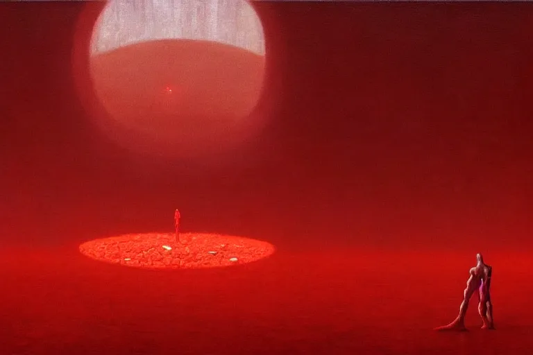 Image similar to only with red, a red god of death eat apple, a futuristic city on mars in background, floor are worms, in the style of beksinski, part by hopper, part by rodcenko, part by hofbauer, intricate composition, red by caravaggio, insanely quality, highly detailed, masterpiece, red light, artstation