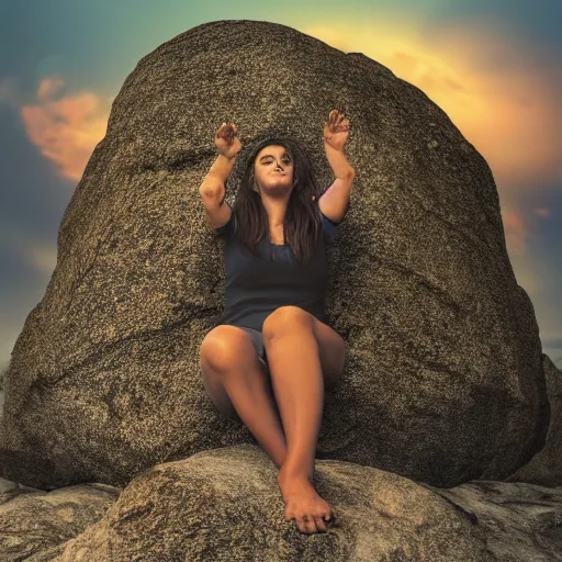 Image similar to Woman sitting under a ginormous rock overhead, partially cupping her hands, gesturing it outward!!!!! to the camera!!!!!, in a rainy environment, fisheye!!!!! lens!!!!!, rainy and wet atmosphere, closeup, dark and grim lighting, trending on artstation, 4k, 8k