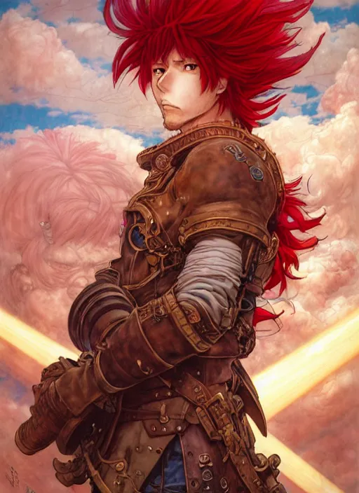 Image similar to prompt : ragnarok online portrait soft light painted by james jean and katsuhiro otomo and erik jones, inspired by akira anime, epic fantasy, a long red haired, red bearded male sky - pirate in front of an airship, intricate oil painting, high detail illustration, sharp high detail, manga and anime 1 9 9 9