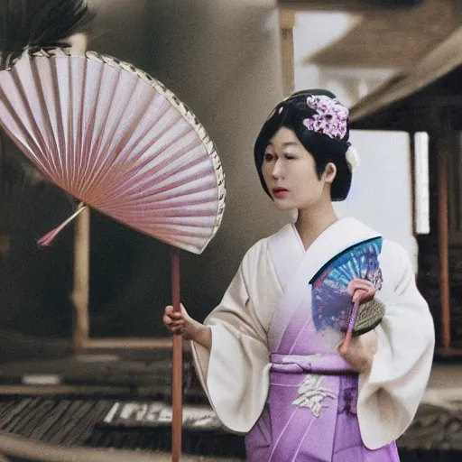 Image similar to Japanese geisha with beautiful violet paper fan, 4k photography, 30 mm lens, cinematic light, warm atmosphere, in style of Kar Wai Wong, cigarette smoke trail