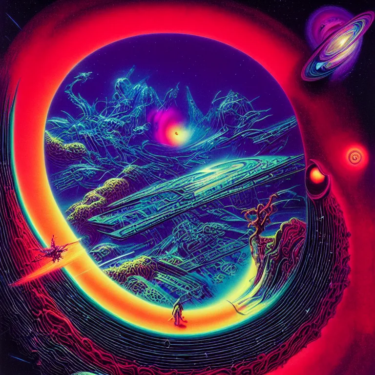 Prompt: mysterious infinite interstellar black hole, quantum waves, synthwave, bright neon colors, highly detailed, cinematic, tim white, philippe druillet, roger dean, ernst haeckel, lisa frank, michael whelan, kubrick, kimura, isono