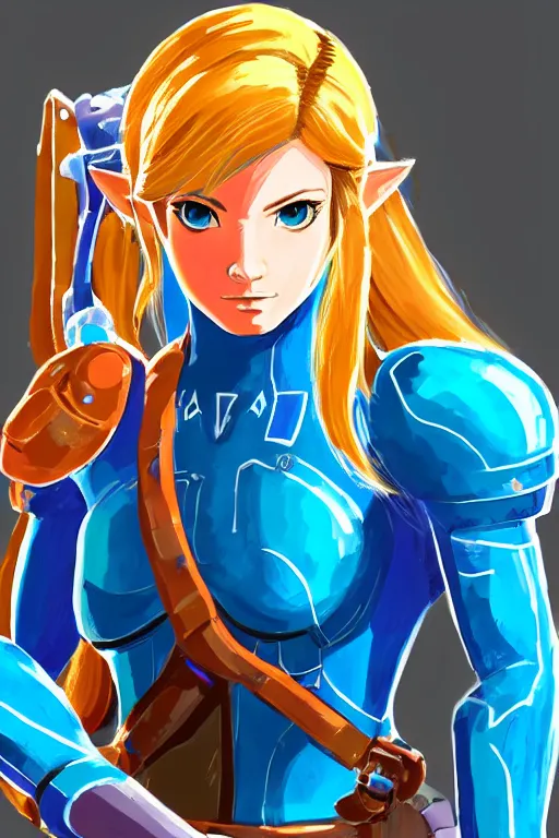 Image similar to a portrait of samus aran from the legend of zelda breath of the wild, breath of the wild art style.