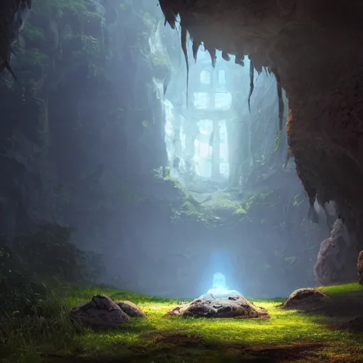 Prompt: beautiful painting of Entrance to a dungeon at the base of an ancient mountain in the morning light, in the middle of ima, in the style of Studio Ghibli, by Hayao Miyazaki. Octane Render, Unreal Engine, PBR, realistic lightning