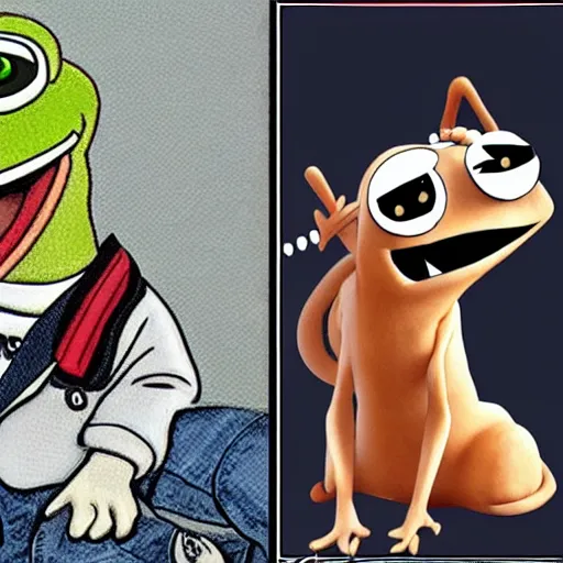 Image similar to pepe the frog head from 4chan on the body of a cartoon dog wearing a leather jacket and jeans