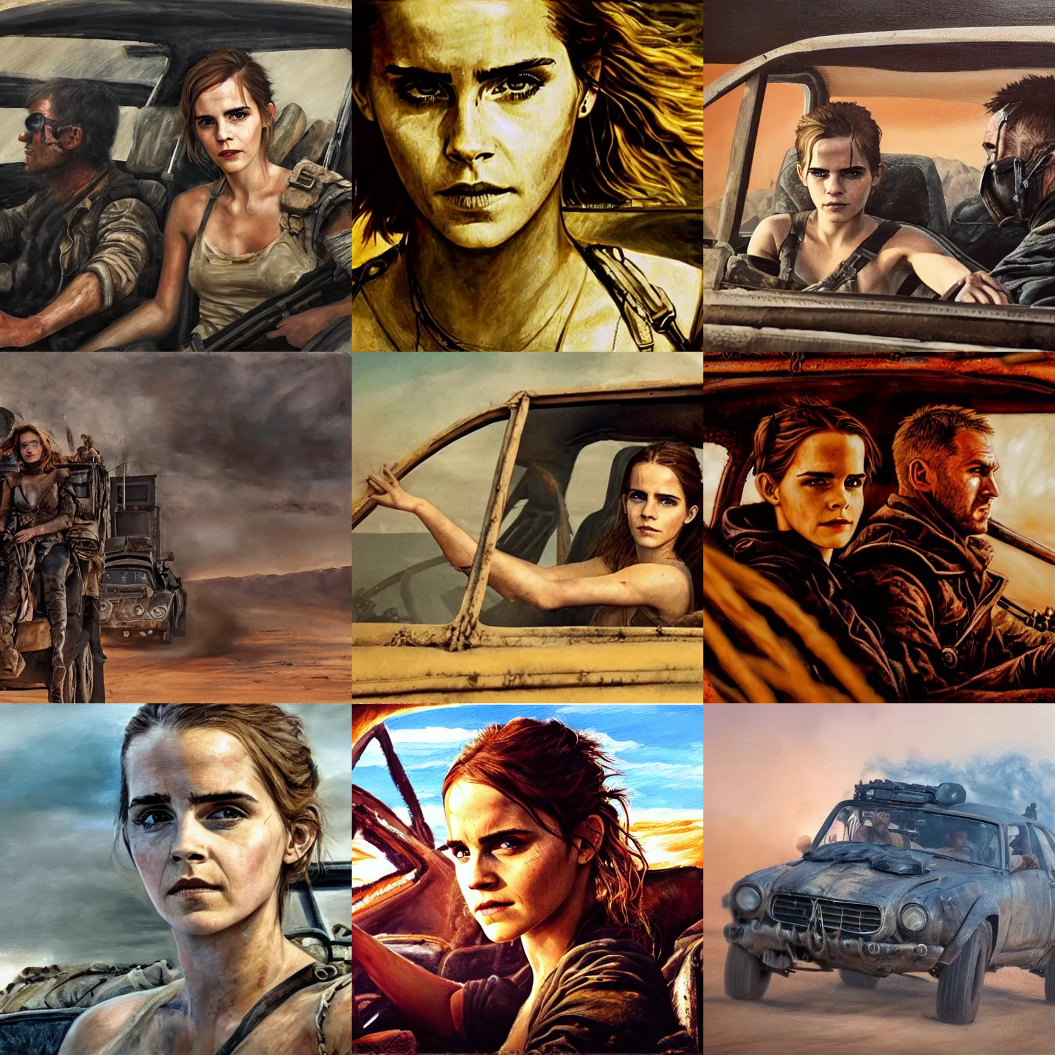 Prompt: still from mad max : fury road with emma watson, oil painting
