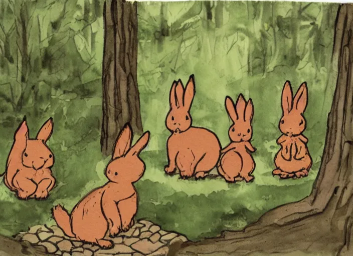 Image similar to old kids book illustration of bunnies doing a demonic ritual in a small cute forest. watercolor painting.