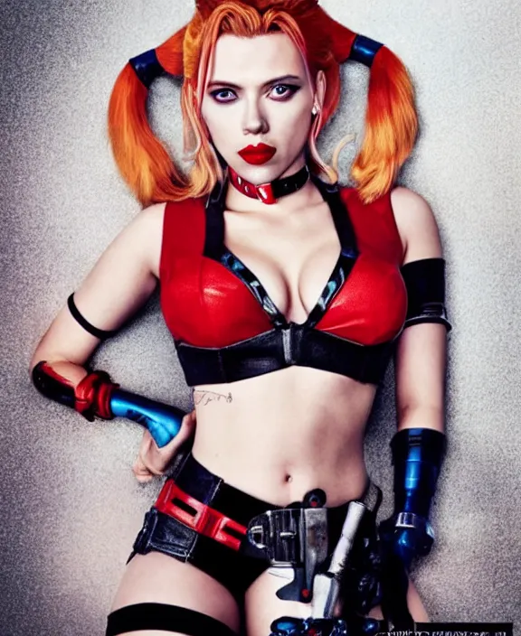 Image similar to scarlett johansson modeling as harley quinn, professional photograph