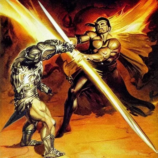 Image similar to a golden sword of pure light striking down a being of pure shadow, frank frazetta style