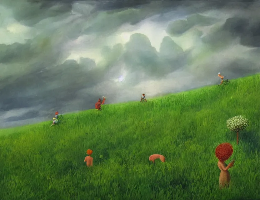 Prompt: wild chia pet in the meadow, stormy skies. russian fairytale art, gouache, dynamic composition, backlighting