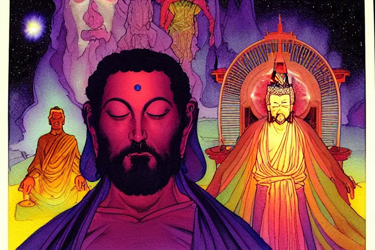 Prompt: a hyperrealist watercolour character concept art portrait of a hologram of space jesus at night in las vegas, nevada. a mysterious cloaked figure in the background. lasers shoot from behind a mountain. buddha hologram. by rebecca guay, michael kaluta, charles vess and jean moebius giraud