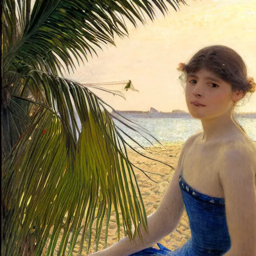 Image similar to a ultradetailed beautiful painting of a girl in the amazonas palace designed by jules bastien - lepage, hans belmer, frank weston and gustave baumann, beach, trending on artstation, mediterranean, palm trees, light sparkles, sharp focus, soft light, 8 k 4 k