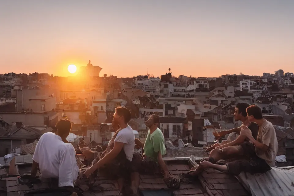 Prompt: two guys are sitting on the roof of a house against the background of the city during sunset