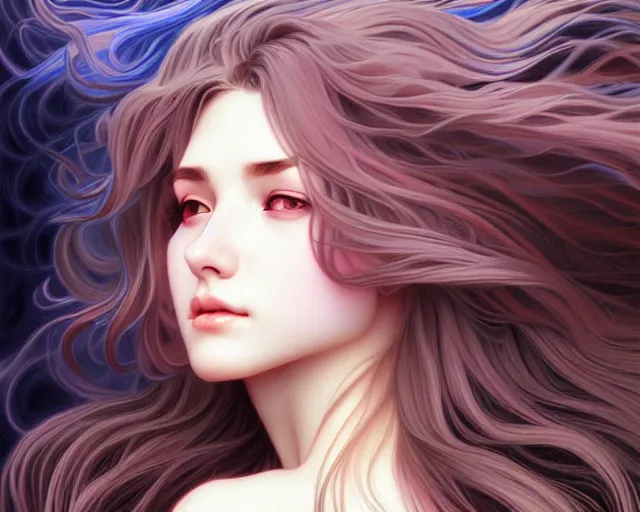 Image similar to overlord, psychedelic flowing hair, close eyes, portrait, highly detailed, deep focus, elegant, digital painting, smooth, sharp focus, illustration, ultra realistic, 8 k, art by artgerm and alphonse mucha