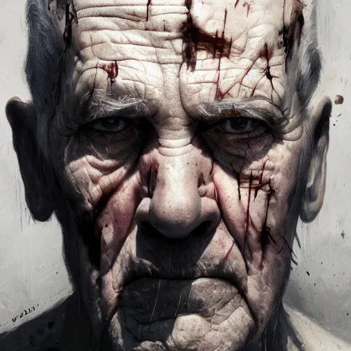 Image similar to close-up, symmetrical, portrait of an old man, bruised, scarred, marvel art, art by greg rutkowski, matte painting, trending on artstation