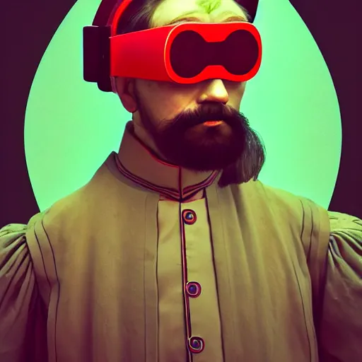 Prompt: Colour Caravaggio style full body portrait Photography of Highly detailed Man wearing Ukrainian folk costume designed by Taras Shevchenko with 1000 years perfect face wearing highly detailed retrofuturistic VR headset designed by Josan Gonzalez. Many details In style of Josan Gonzalez and Mike Winkelmann and andgreg rutkowski and alphonse muchaand and Caspar David Friedrich and Stephen Hickman and James Gurney and Hiromasa Ogura. Rendered in Blender and Octane Render volumetric natural light