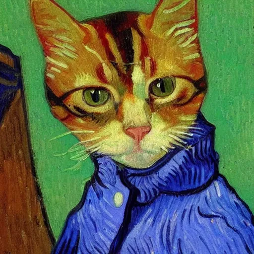 Image similar to a cute cat in a duffle coat, impressionist painting, painted by Van Gogh