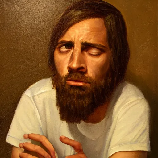 Prompt: portrait of a sleepy - looking programmer guy begging for forgiveness, oil on canvas, masterwork, fine detail, trending on artstation, emotive, insanely compelling