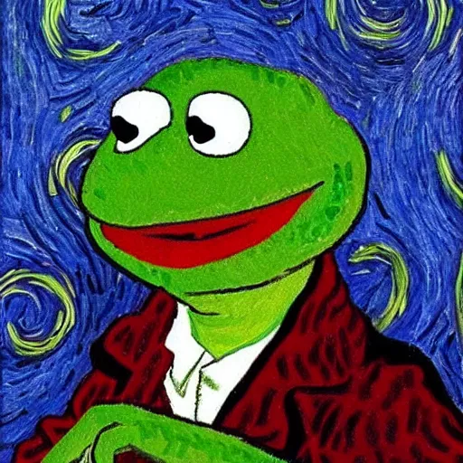 Image similar to Kermit the Frog, Van Gogh portrait, painting, detailed, visible brush strokes