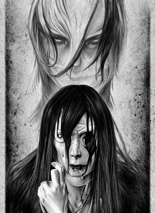 Image similar to digital _ painting _ of _ the grudge horror black and white _ by _ filipe _ pagliuso _ and _ justin _ gerard _ symmetric _ fantasy _ highly _ detailed _ realistic _ intricate _ port