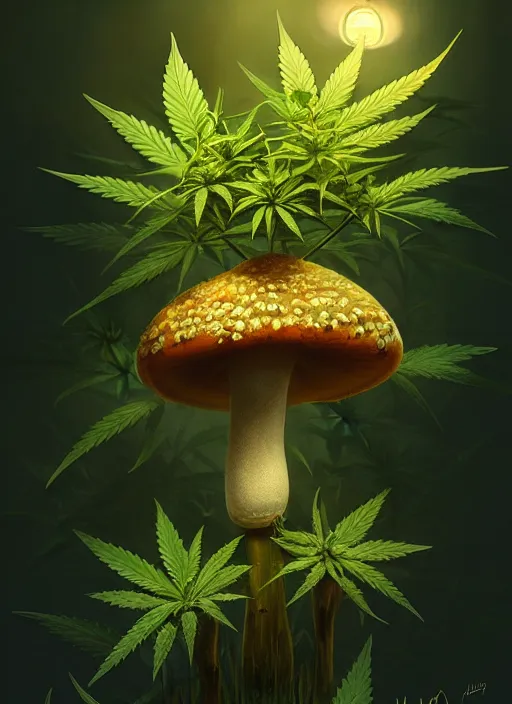 Prompt: a cannabis plant with amanita mushroom fruits, rim light, midsommar style, extremely detailed, masterpiece, artstation, cinematic lighting, photographic, by greg rutkowski and wolp