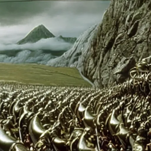 Prompt: still from lord of the rings showing the ride of the rohirrim, riding toward minas tirith on skateboards